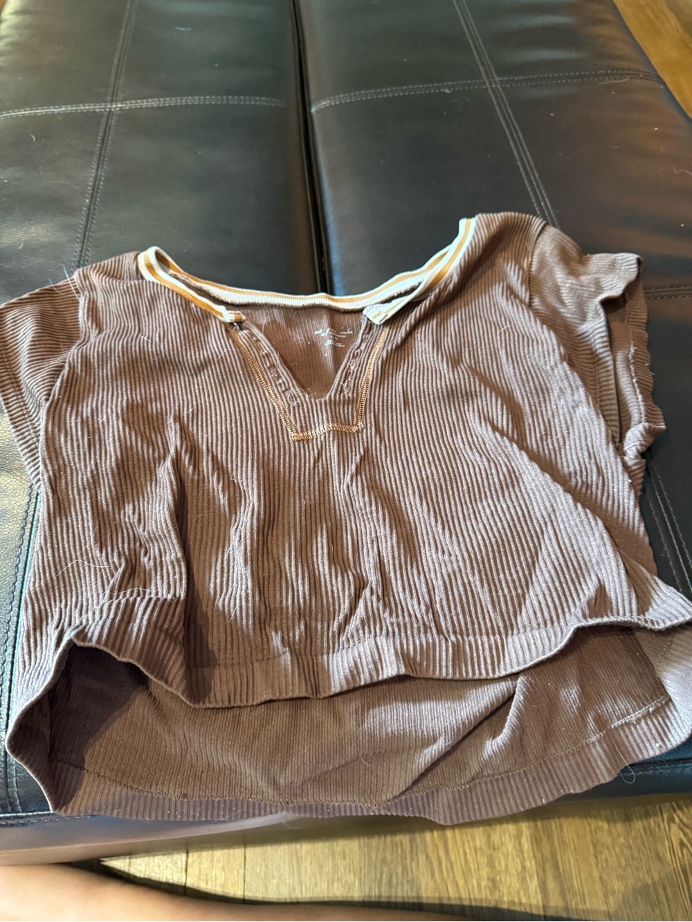Urban Outfitters Brown Ribbed V-Neck Crop Top with Contrast Trim